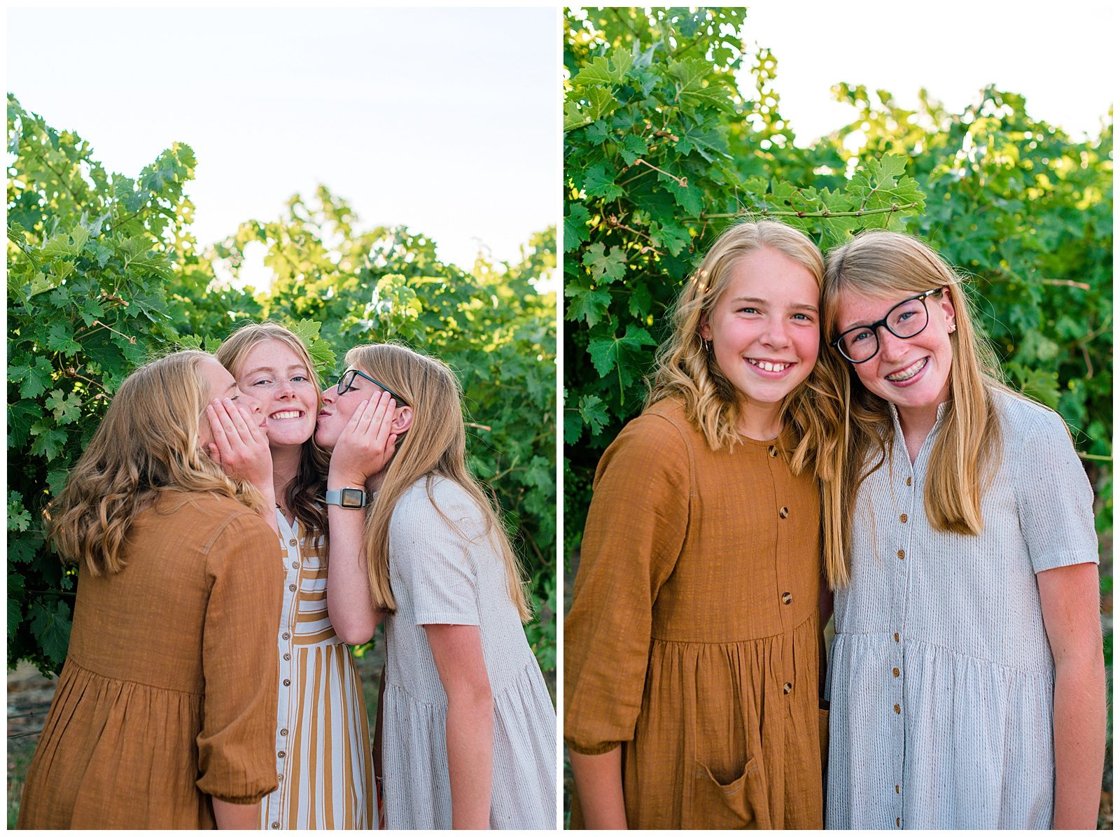 Vineyard family photos of three teenage sisters, the two younger sisters kissing their elder sister's cheek.
