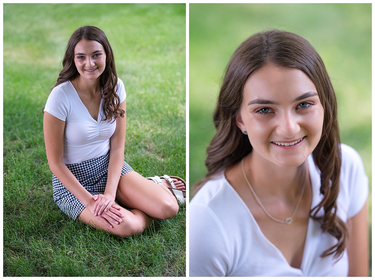 Portraits of a High school senior girl wearing a white shirt and plaid miniskirt by Chicago senior photographer Kristen Hazelton