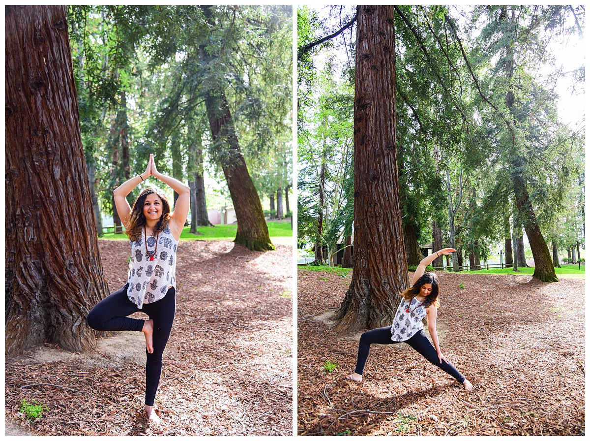 Woman doing yoga tree pose and warrior pose under redwood trees
