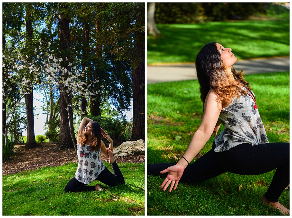 Woman doing yoga in Cuesta Park, Mountain View, CA with redwood trees