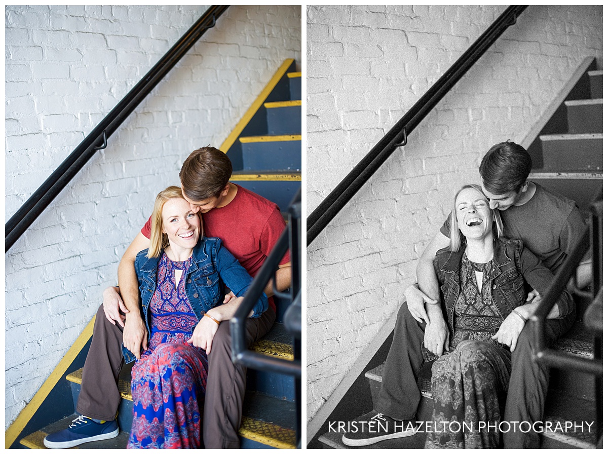 Engaged couple sitting on stairs and laughing