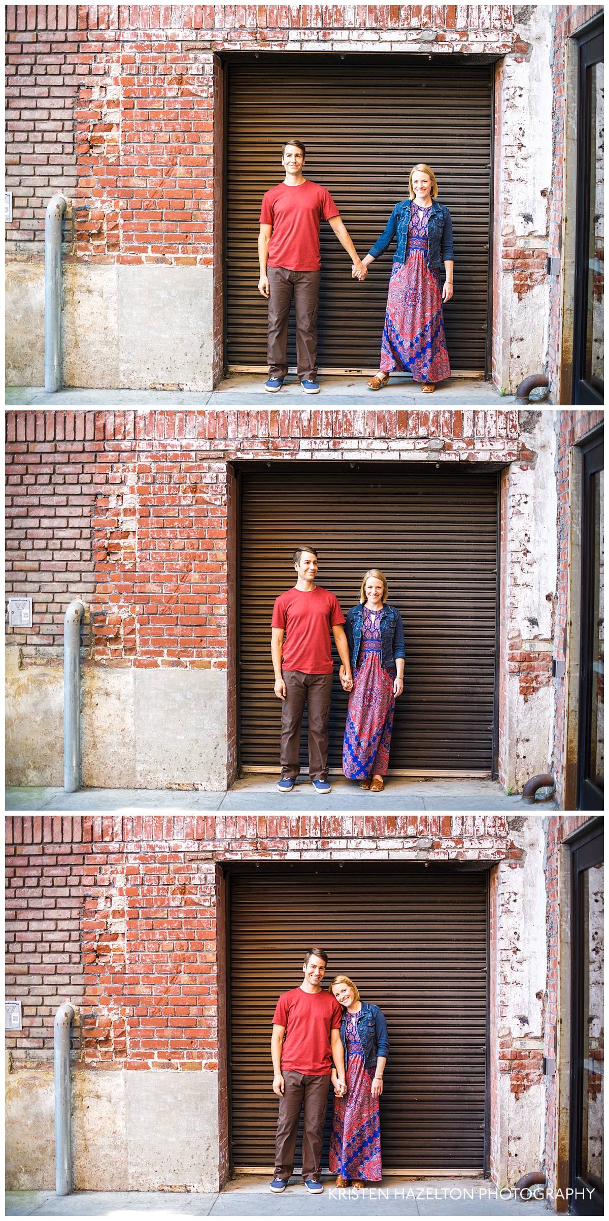 Collage of engaged couple in front of an industrial garage door. With each image the woman steps closer to the man