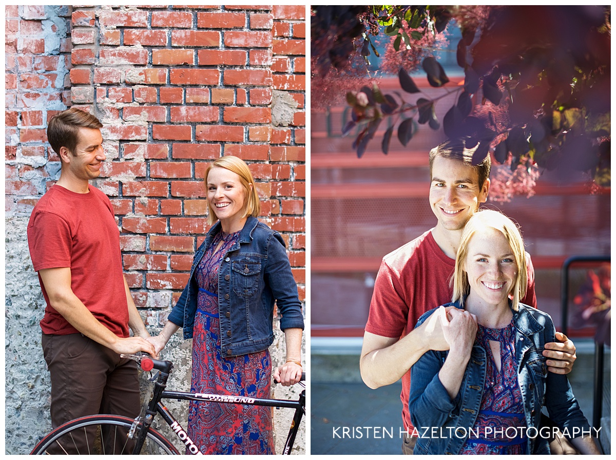 Collage of engaged couple- on the left, with a road bike, on the right underneath a smoke bush