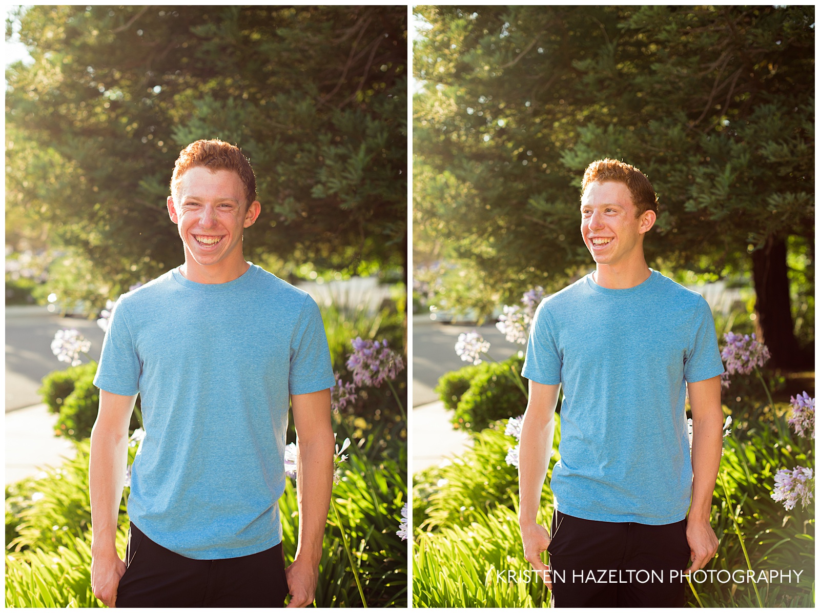 High school male senior portraits with laughing teen
