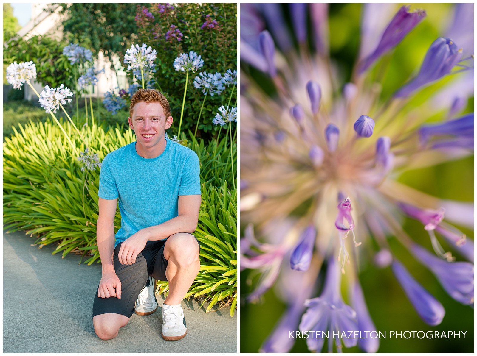Senior portrait of a high schooler next to Lily of the Nile flowers
