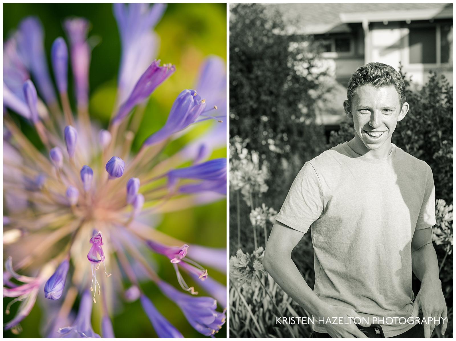 Candid black and white senior portrait with macro Agapanthus flower