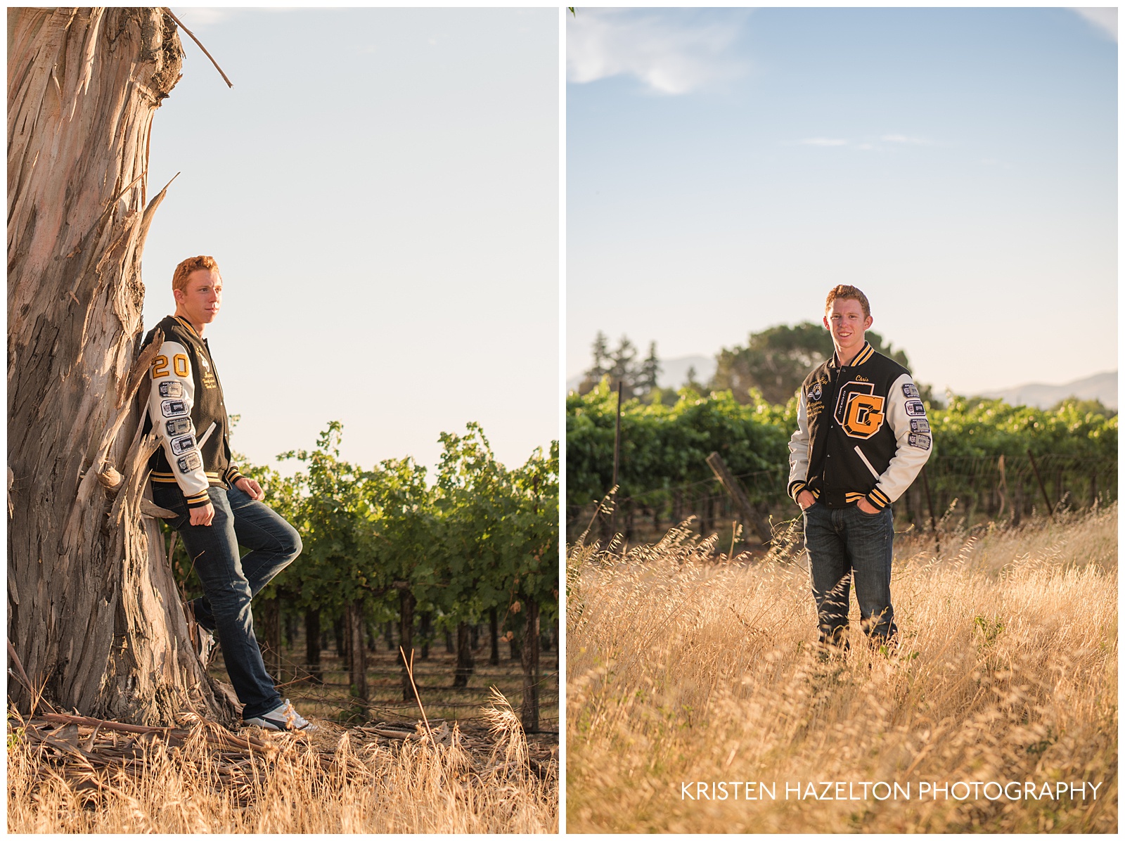 Livermore senior photos of a boy in a field with grape vines
