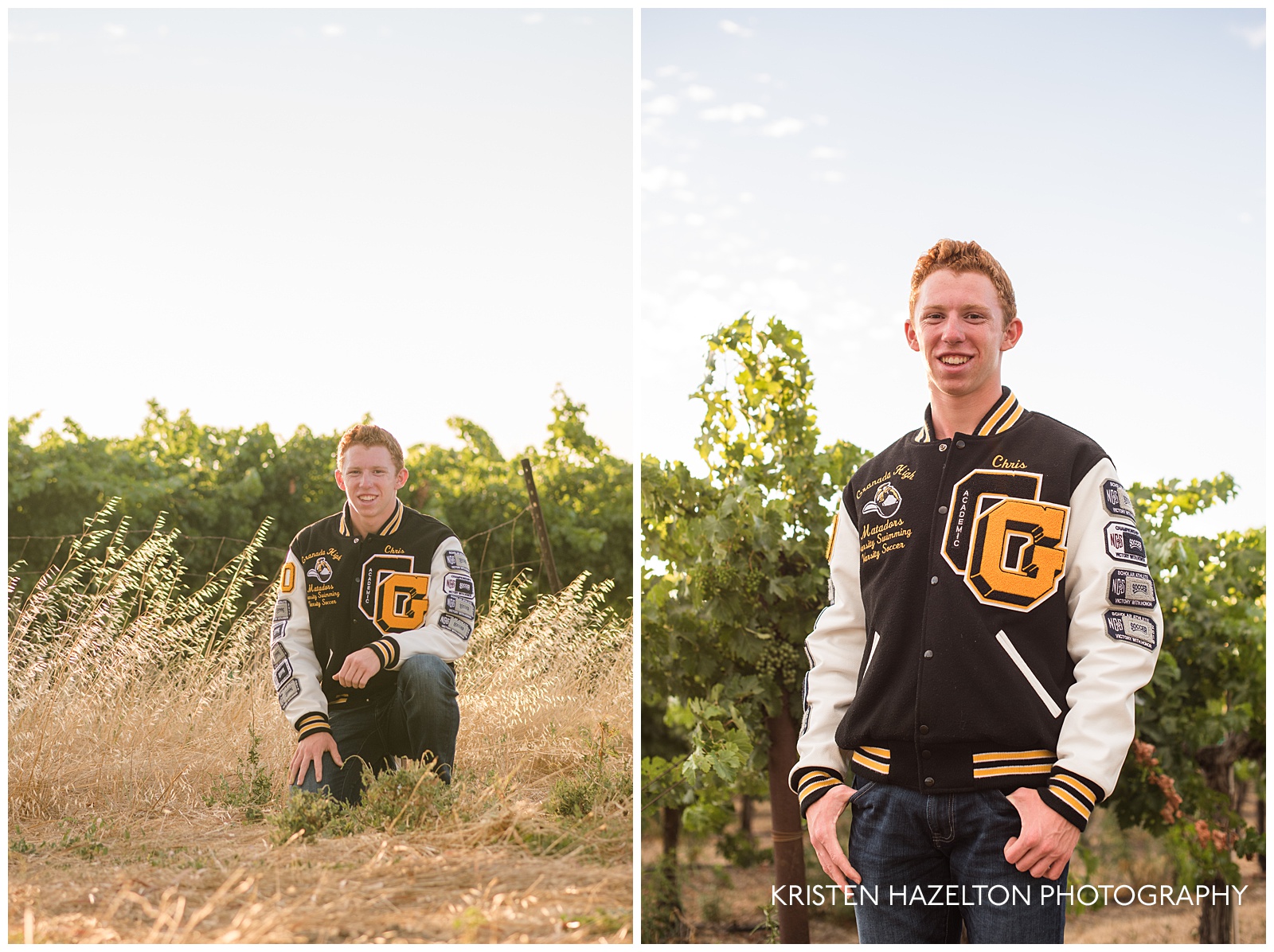 Livermore senior photos with boy wearing letterman jacket in a field with grape vines behind him