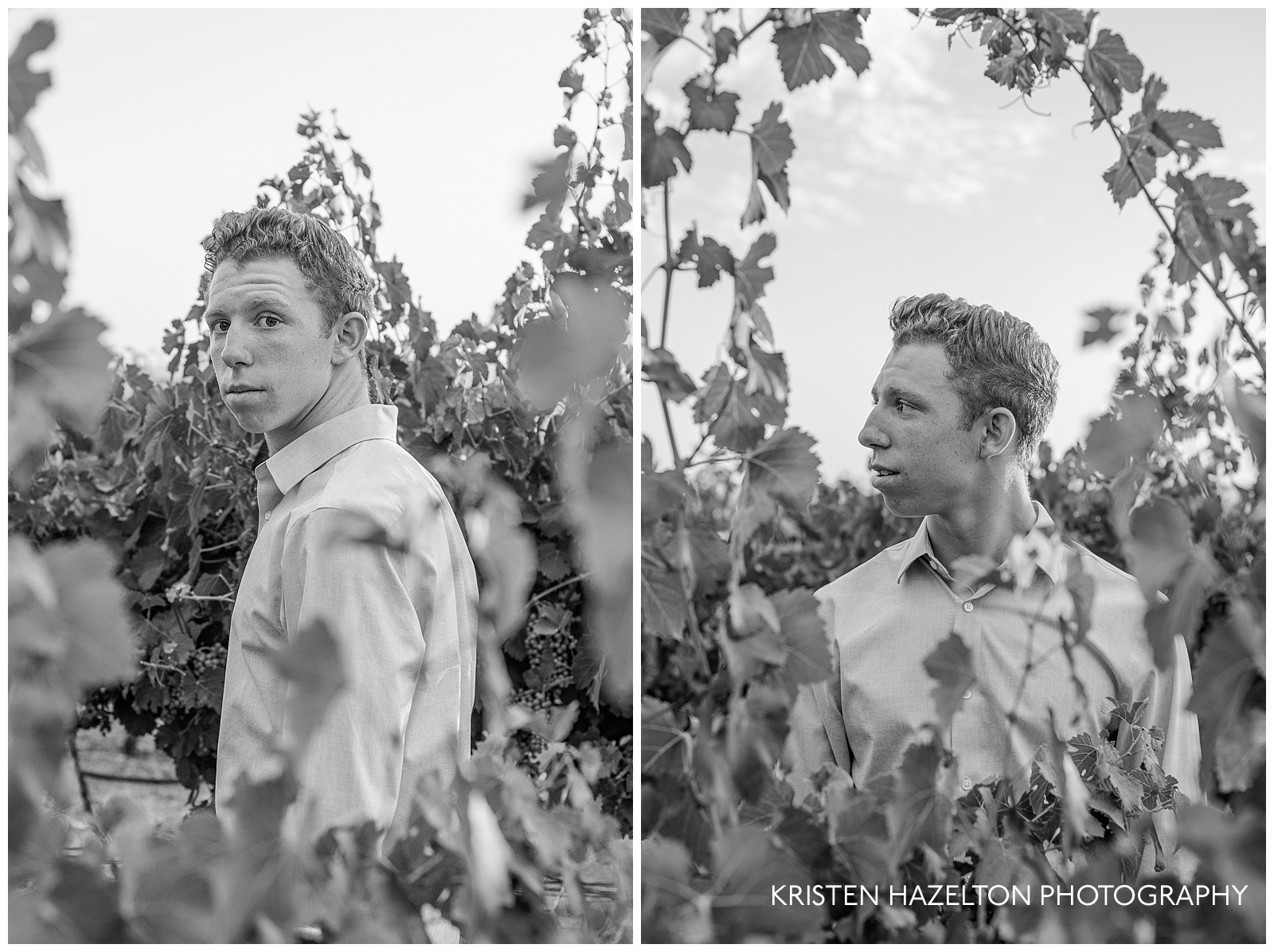 Black and white male Livermore senior photos in a vineyard