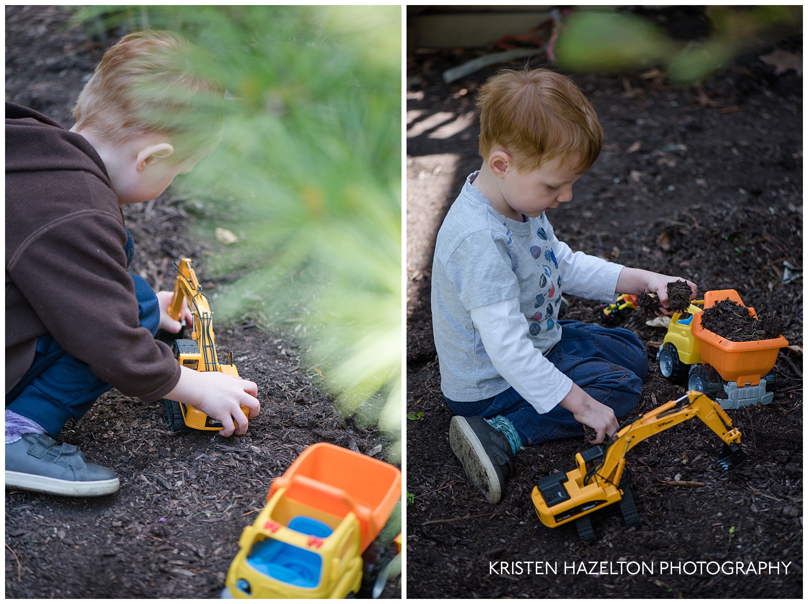 Toddler playing in the dirt with excavator and dump truck toys