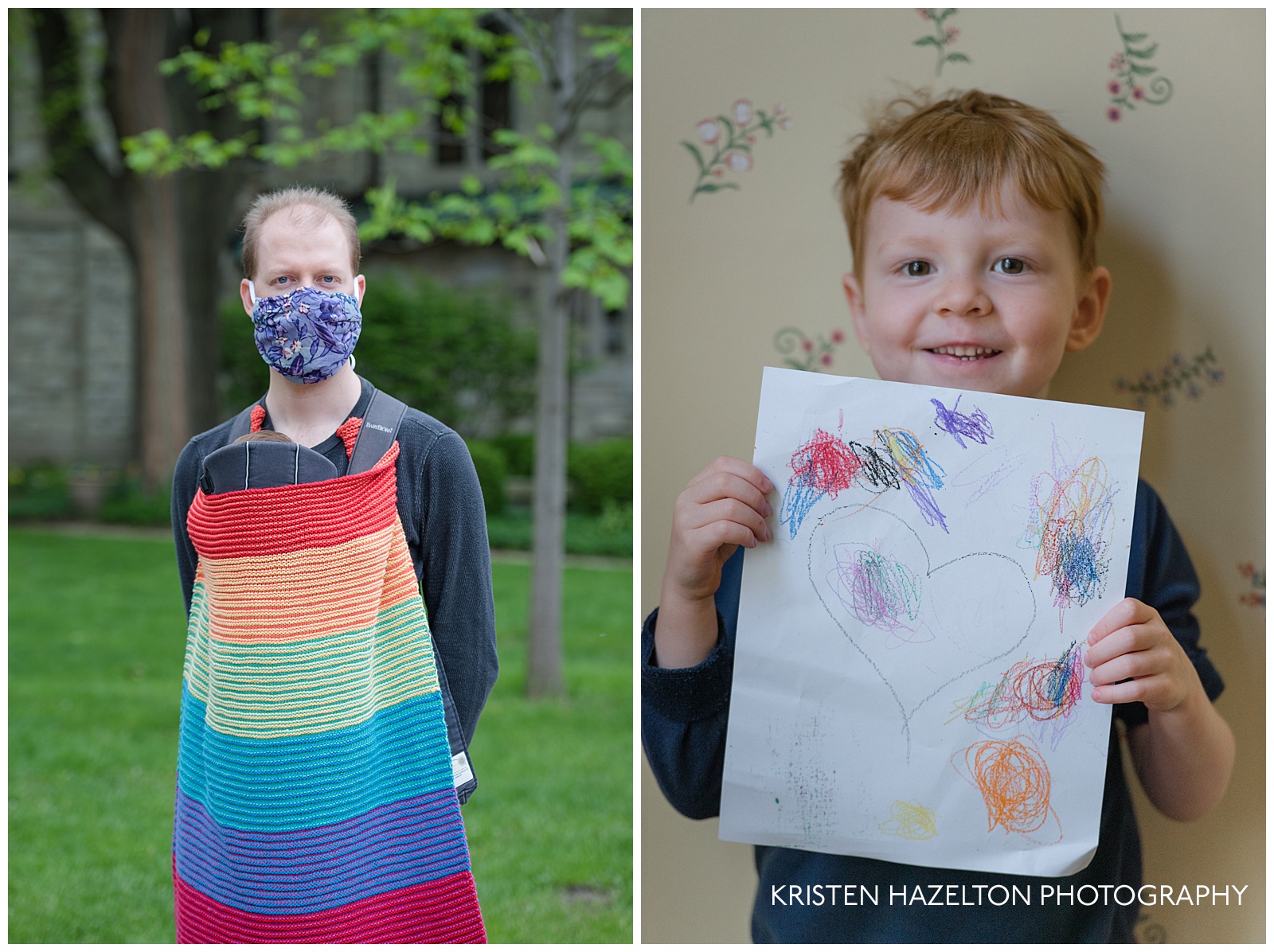 Collage: man wearing a baby in a carrier with a rainbow blanket wrapped around, wearing a cloth mask