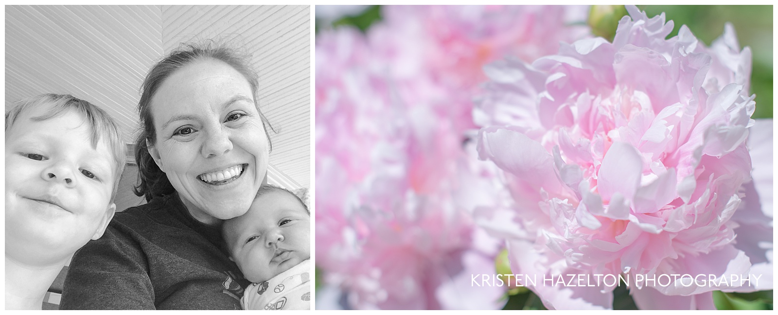 Pink peonies and woman with two small children taking a selfie