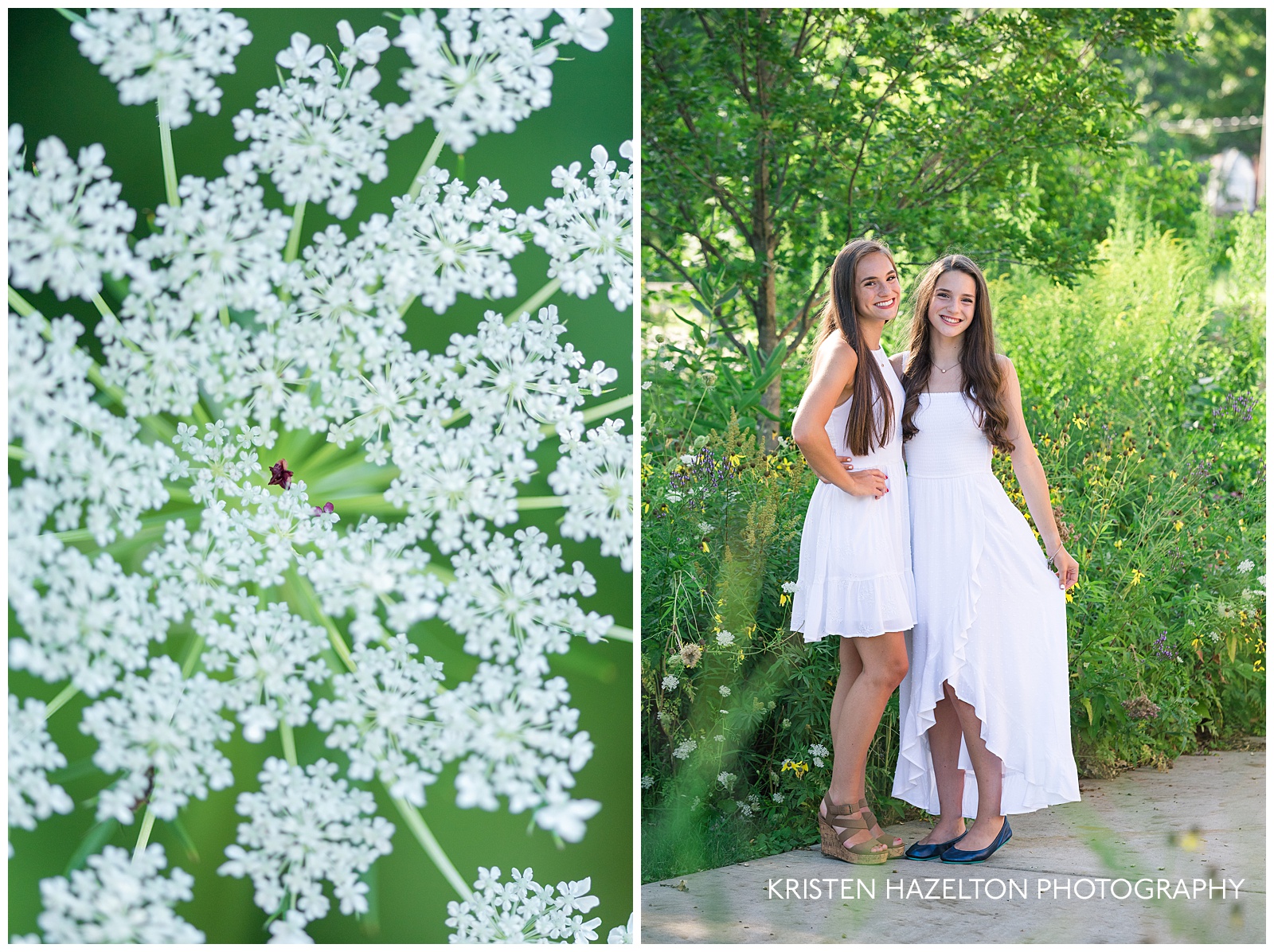 Two sisters posing in a verdant setting