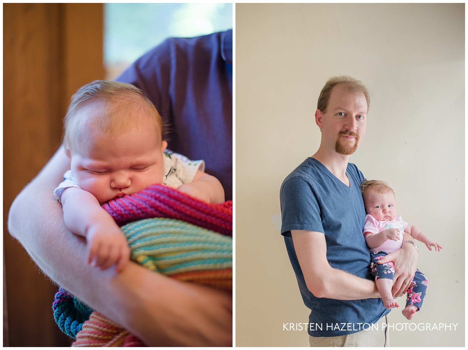 Family photography - collage of sleeping and awake baby in Dad's arms