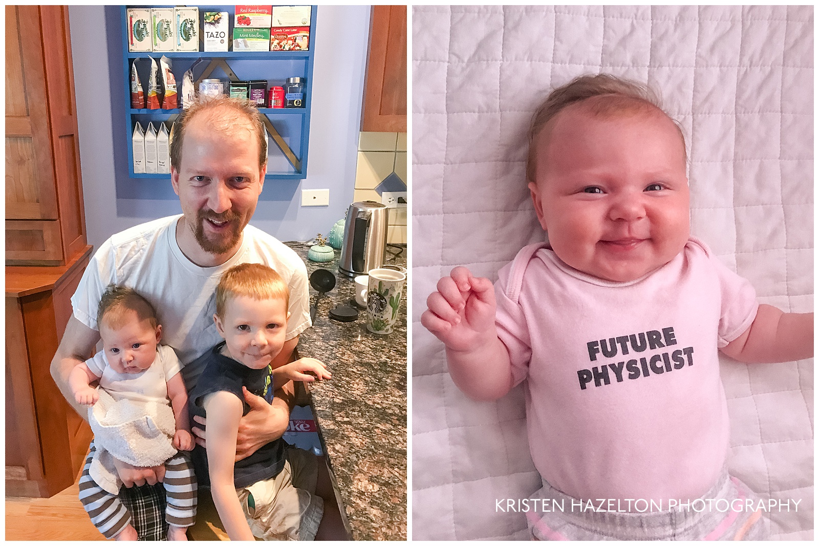 A father holding his young son and baby daughter, and a smiling baby wearing a "future physicist" onesie