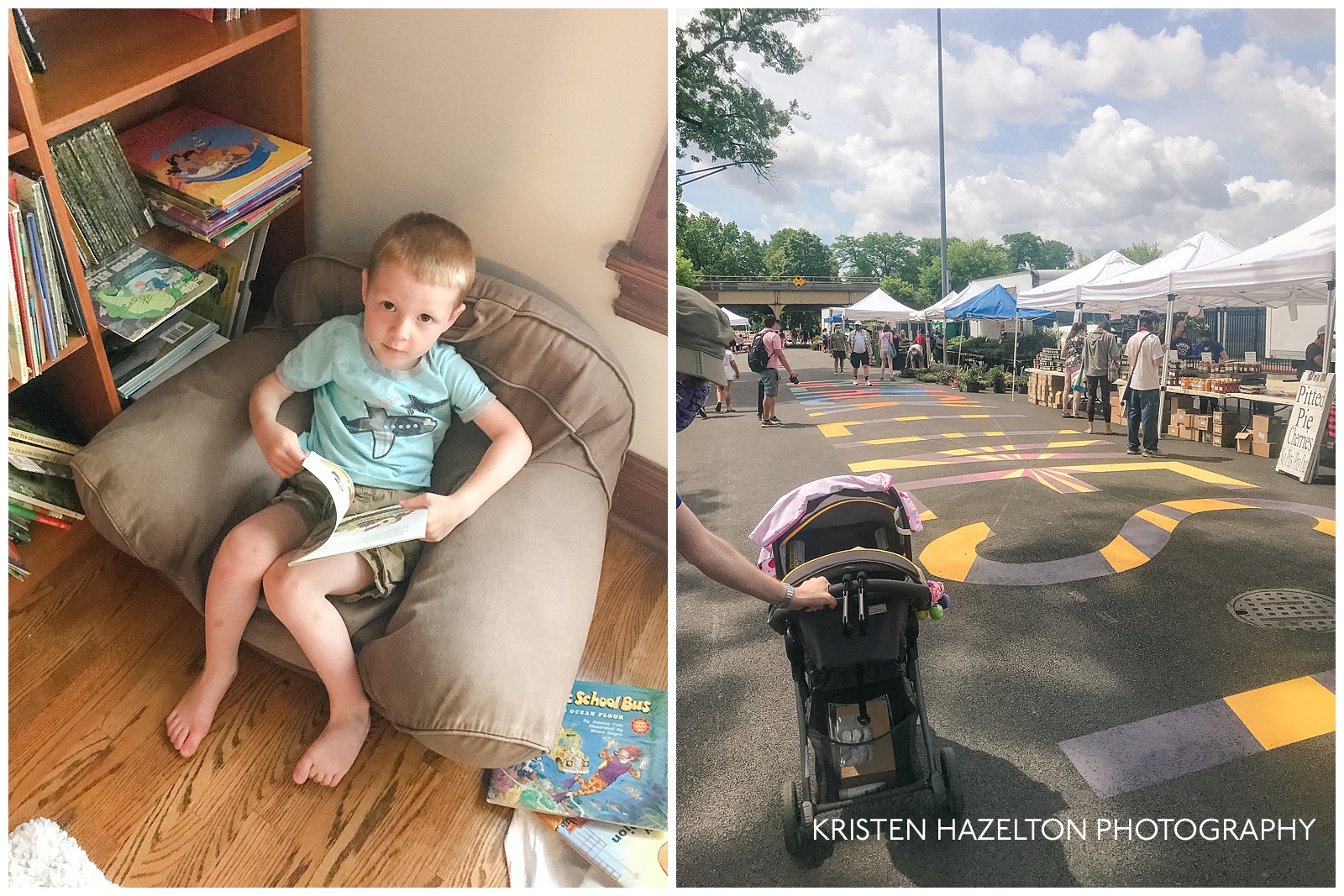 collage of a Toddler reading, and visiting the Farmer's Market with Black Lives Matter mural in Oak Park, IL