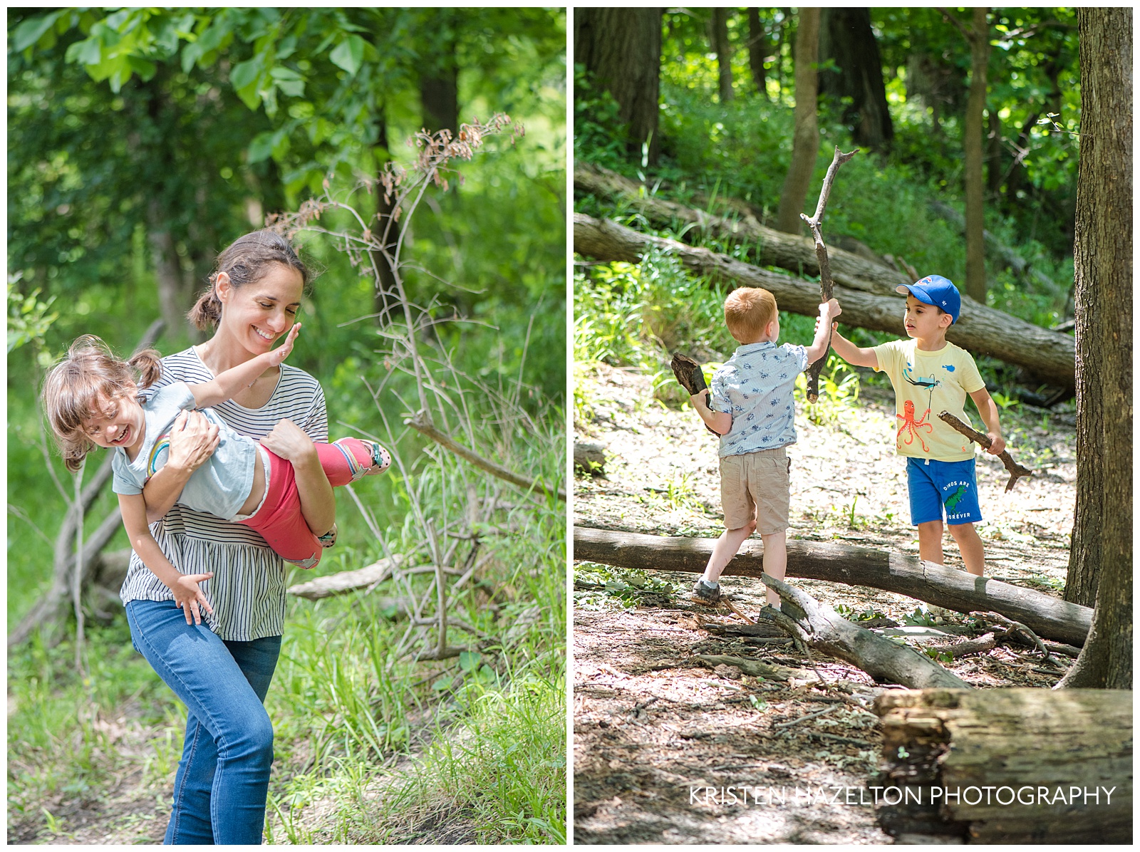 Collage of a woman carrying her toddler daughter and two young boys playing with sticks at Thatcher Woods in River Forest, IL