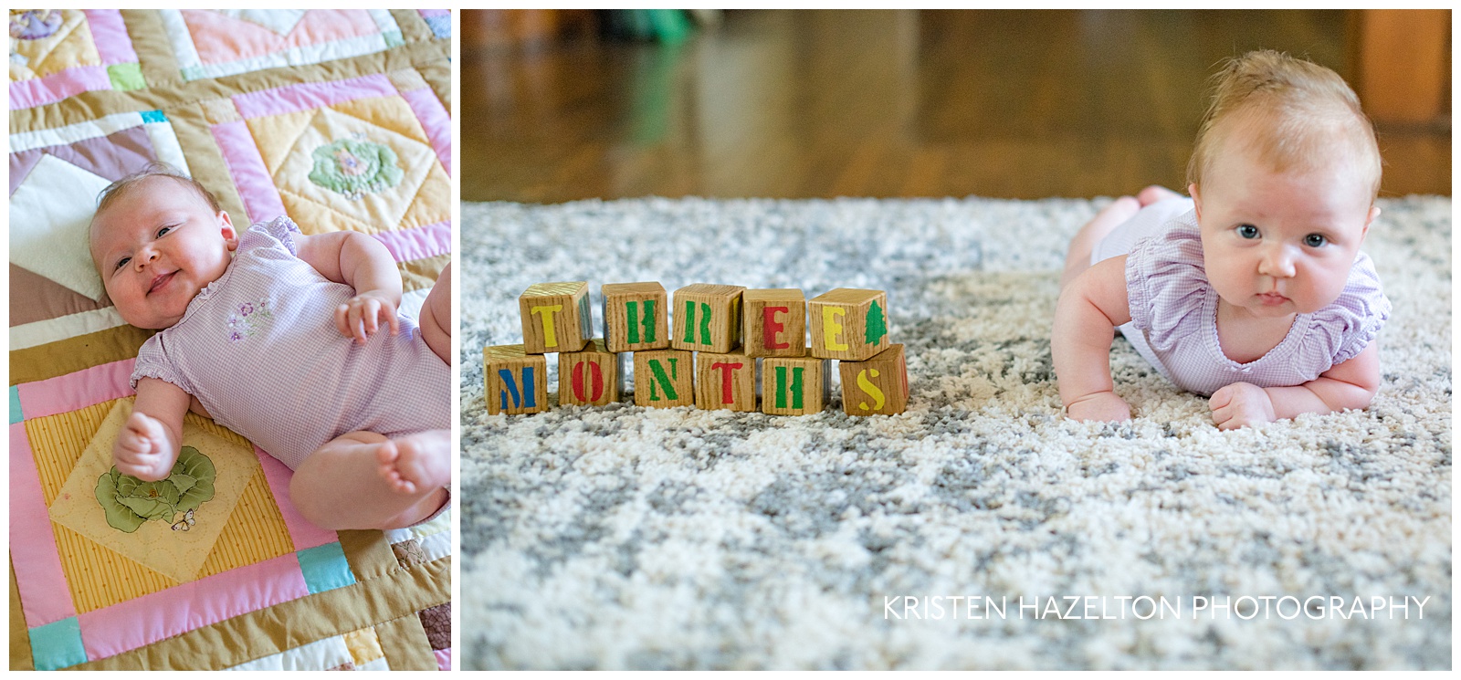 Three-month old baby on a homemade quilt and with blocks that say "three months"