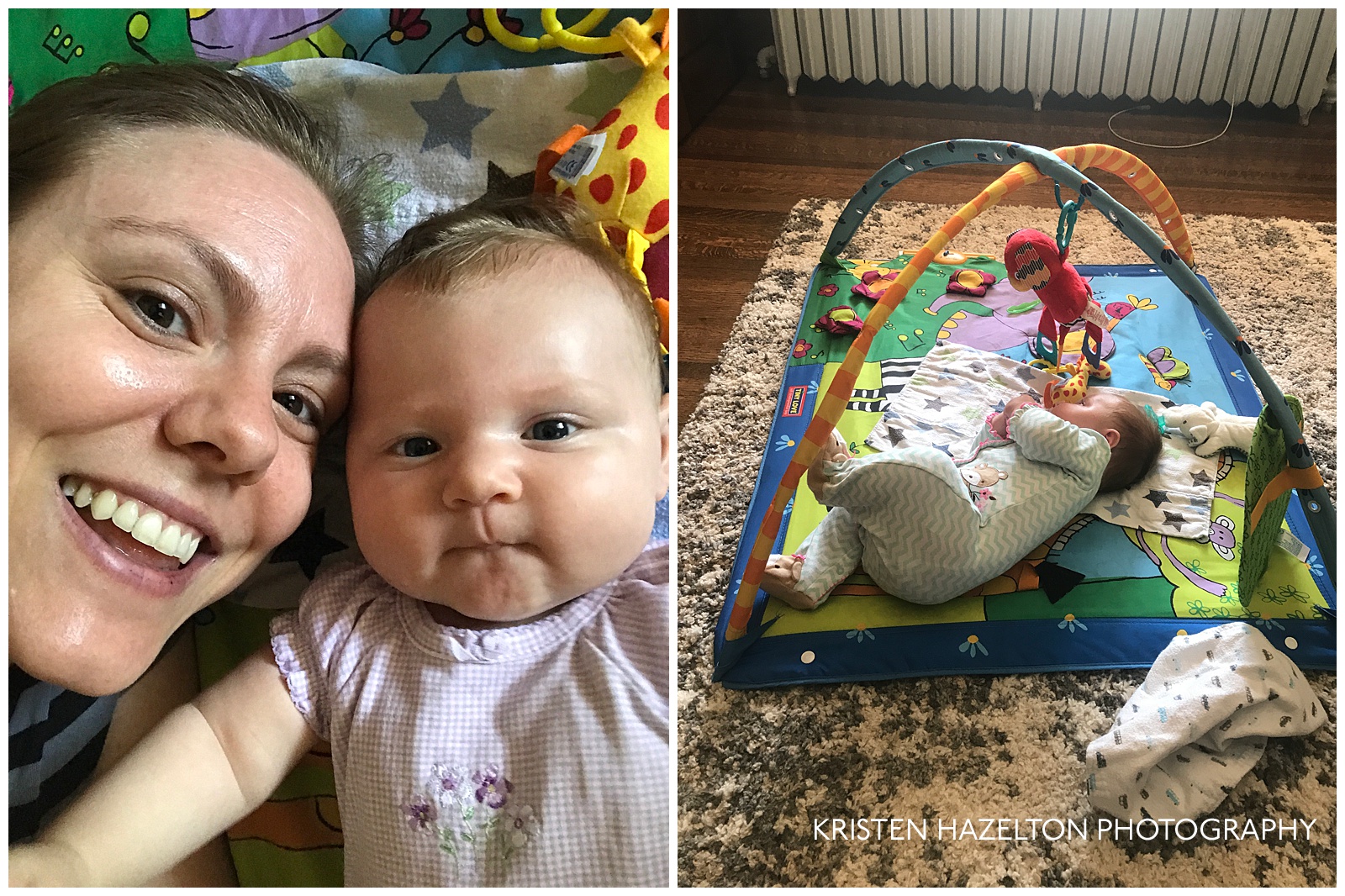 Mom taking a selfie with a baby and baby on her side on an activity mat