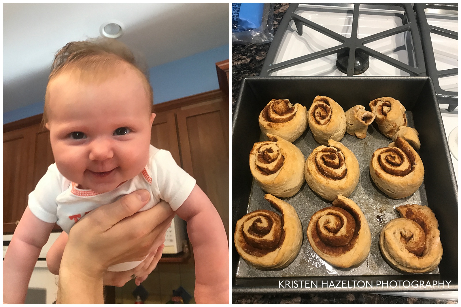 Baby being lifted up and a pan of cinnamon rolls