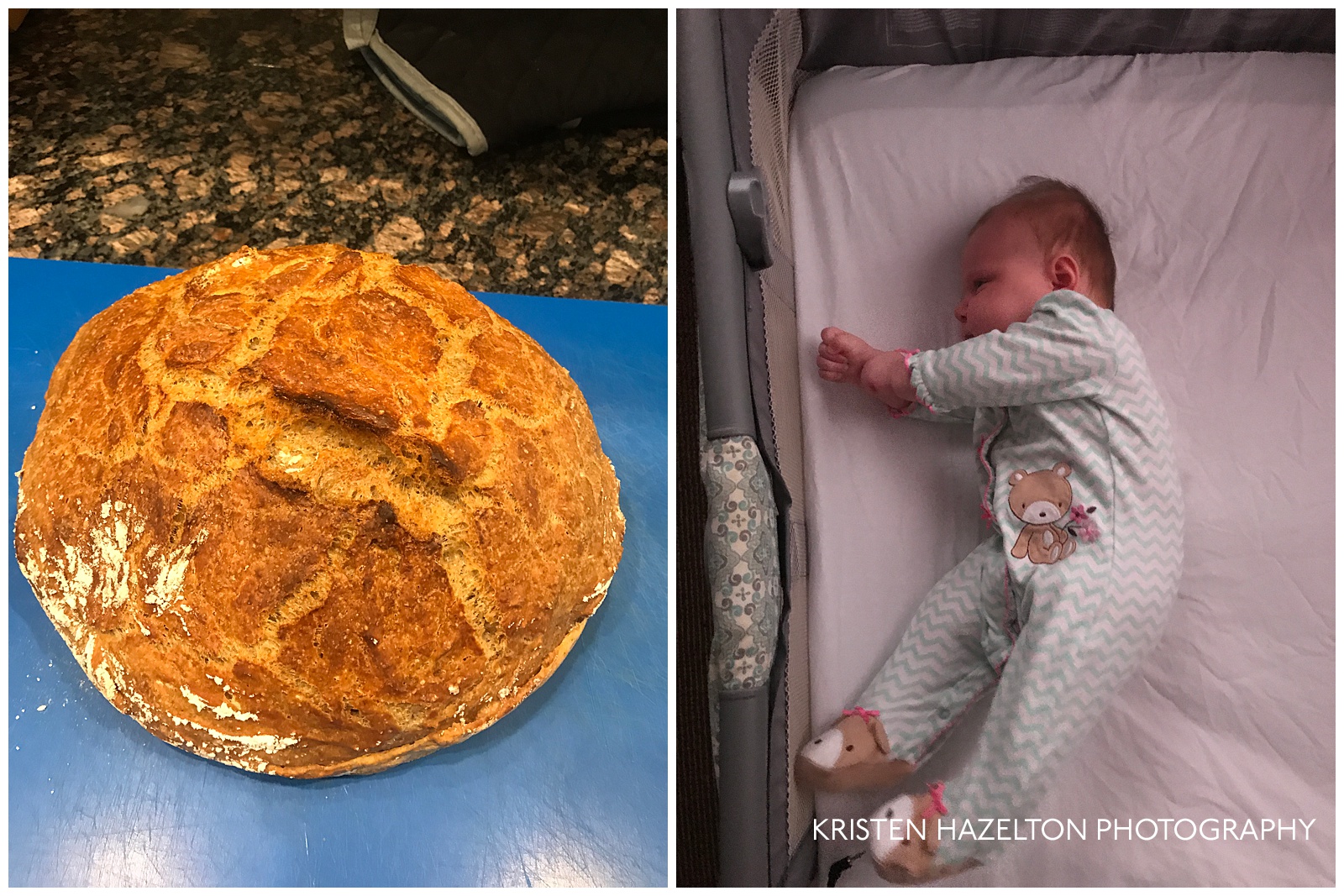 Collage of homemade no-knead bread, and a 3 month old baby trying to roll