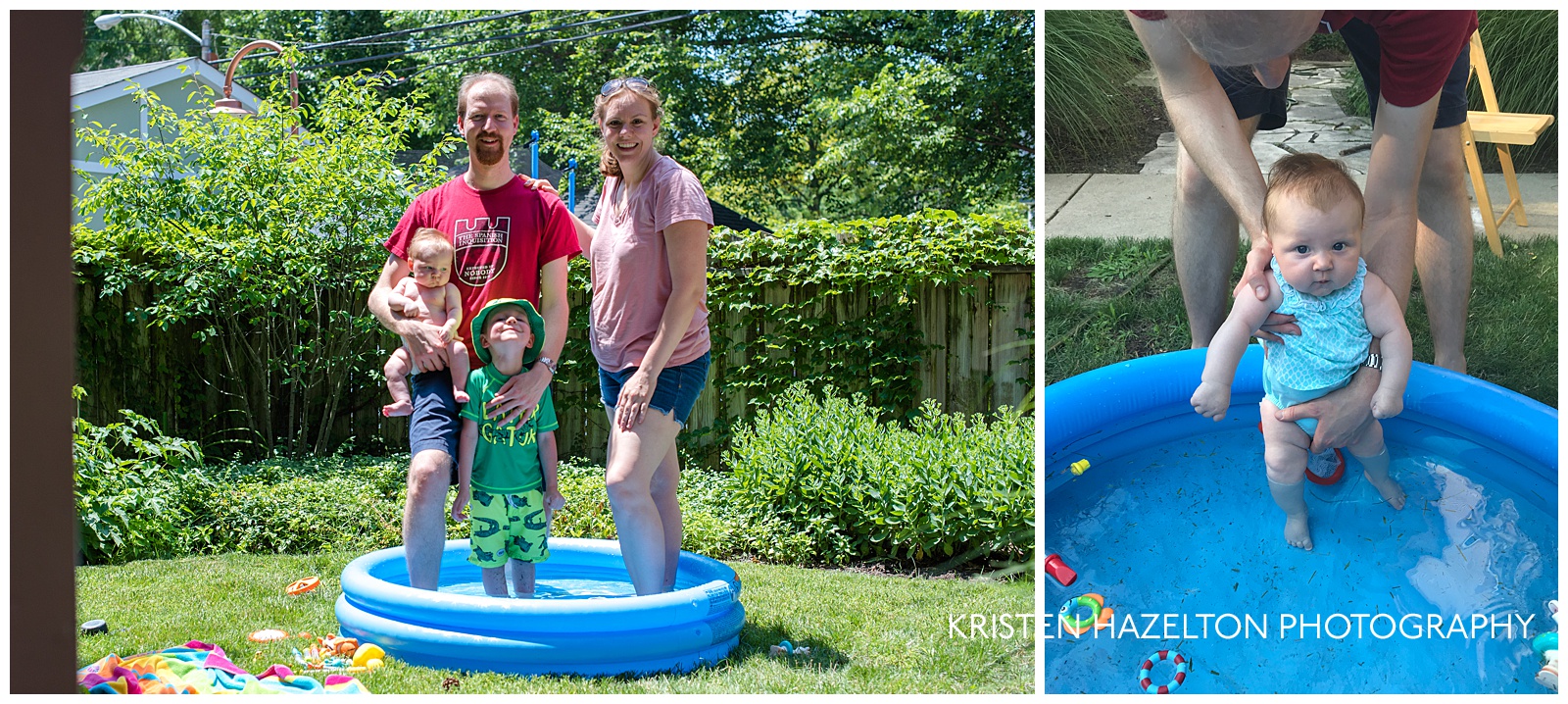 A family of four standing in a kiddie pool