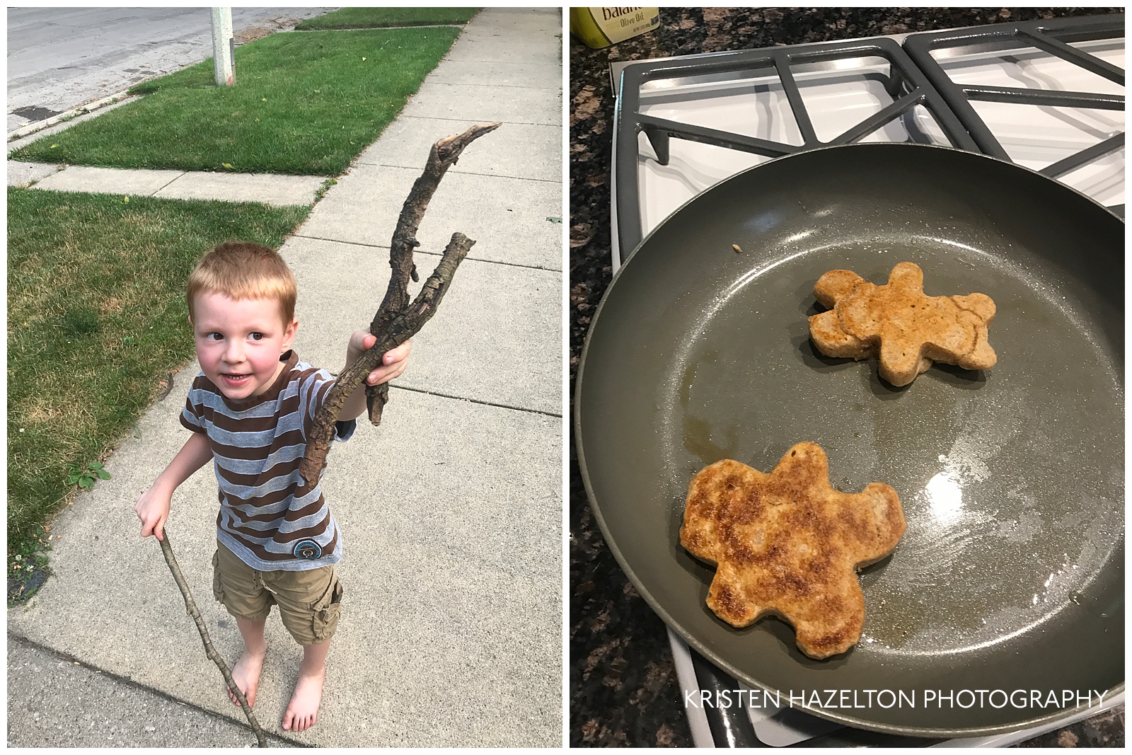 Excited toddler with three big sticks and gingerbread man-shaped crumpets frying in a skillet