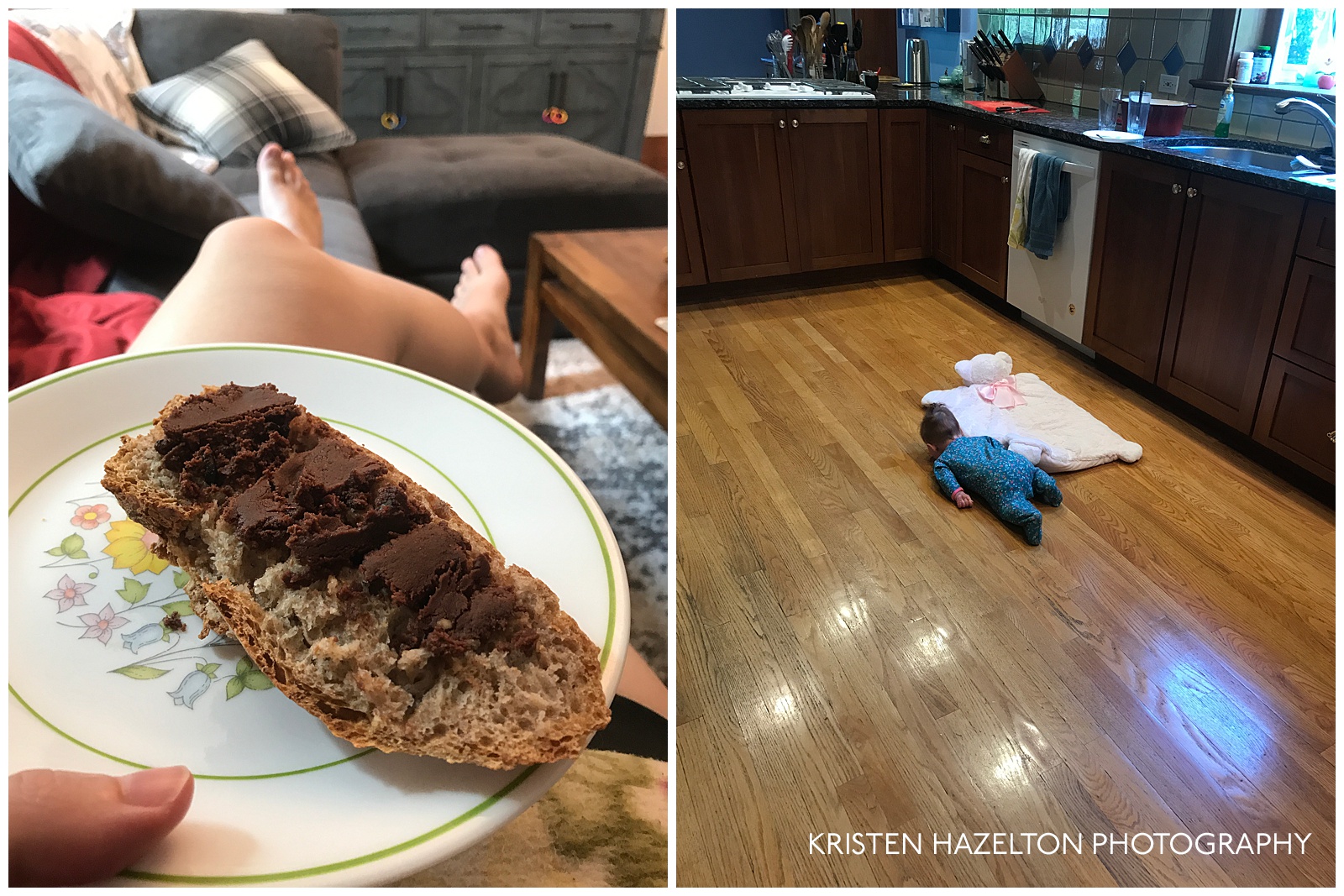 Collage of homemade nutella on homemade bread, and a baby faceplanted on the kitchen floor
