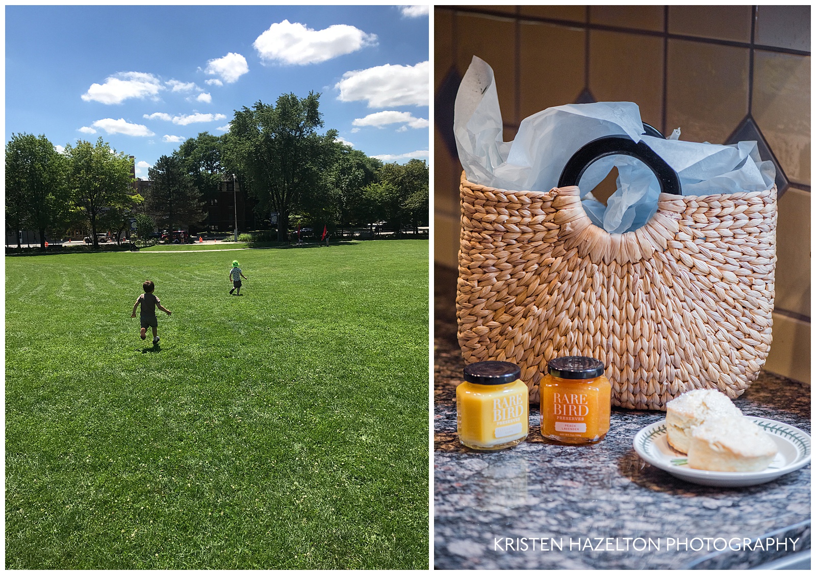 Collage of two toddler boys running on lawn at Scoville Park, Oak Park, IL, and a seagrass basket with jam and scones from Rare Bird Preserves, Oak Park, IL