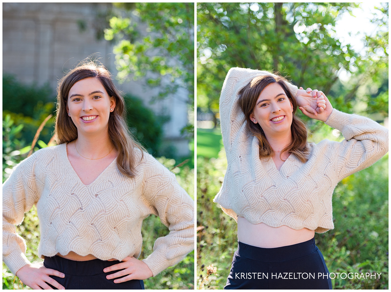 senior portraits of a woman with her hands on her hips and then behind her head
