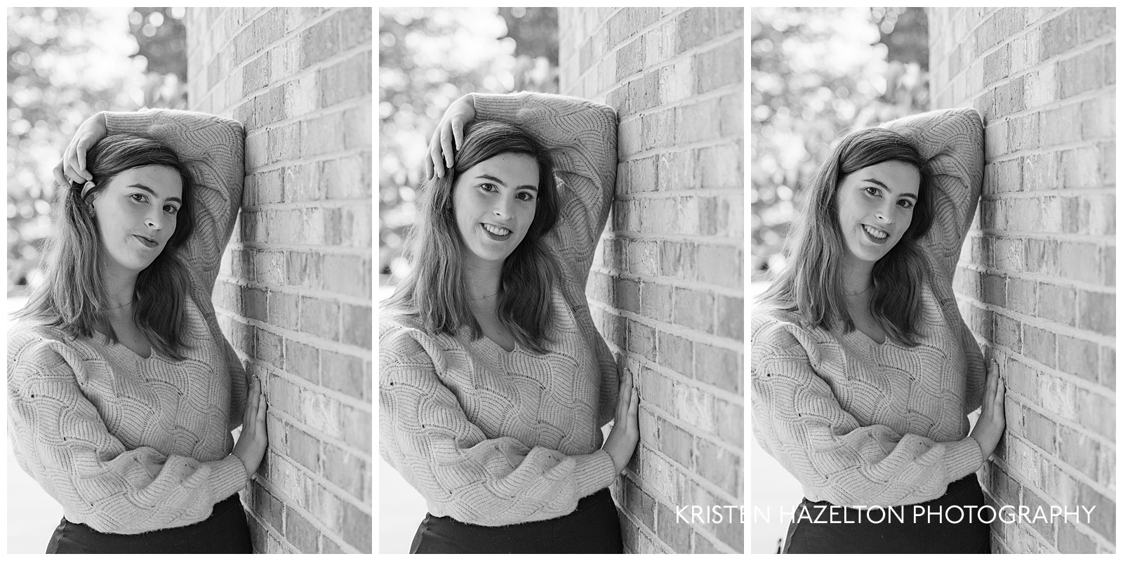 Black and white College graduate senior photos of a woman leaning against a brick wall
