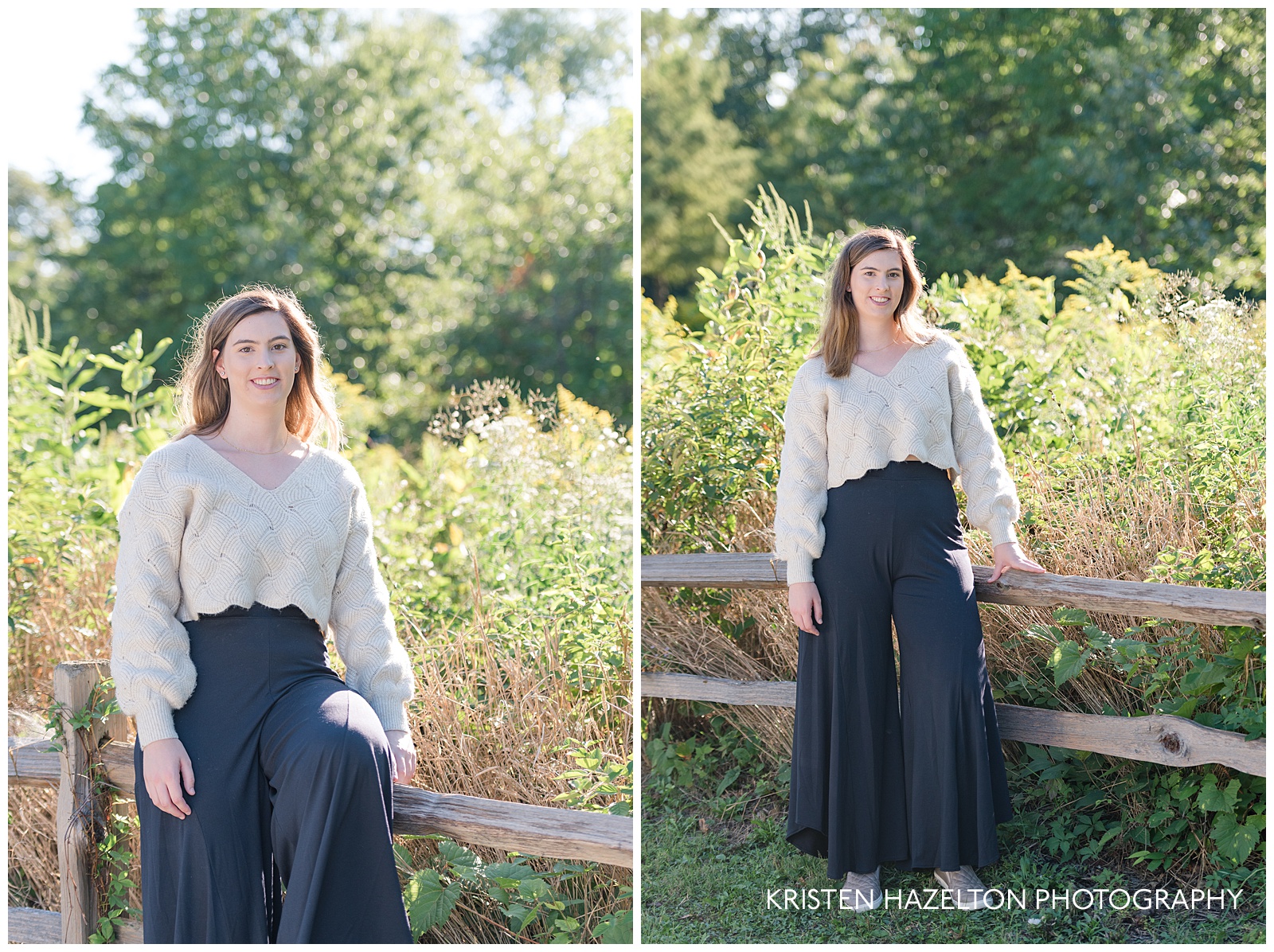 College graduate senior photos of a woman seated on a fence