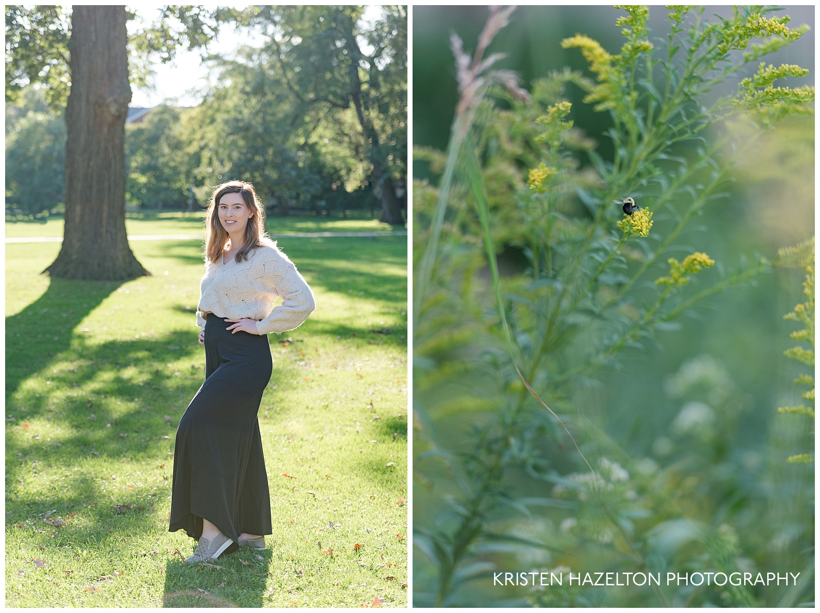 Collage of backlit full body senior portrait and bee in goldenrod flowers