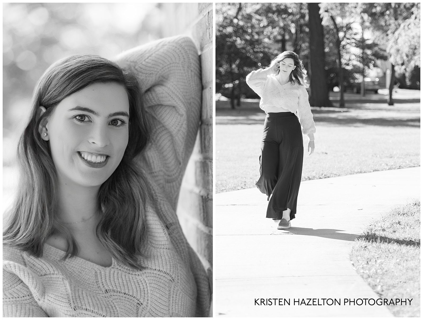 Black and white UIC graduation portraits of a girl walking down a path
