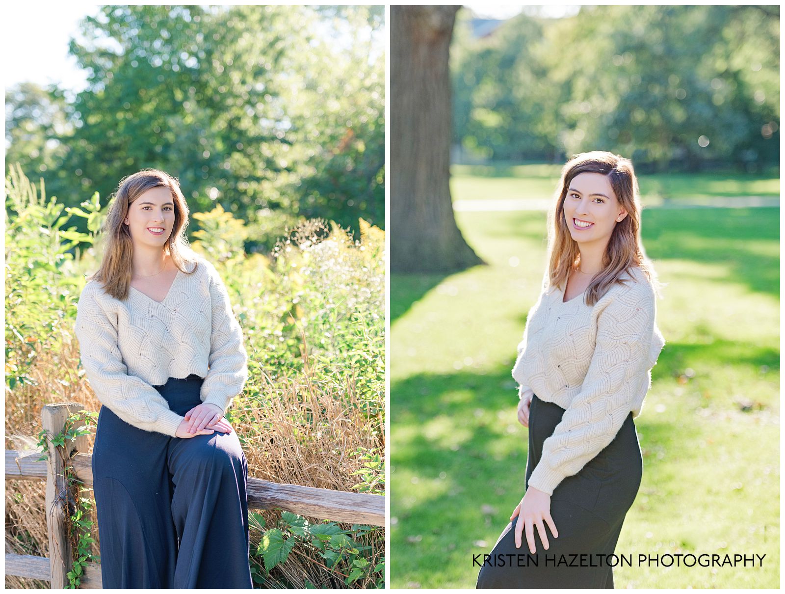 Woman in white crop top sweater and black harem pants