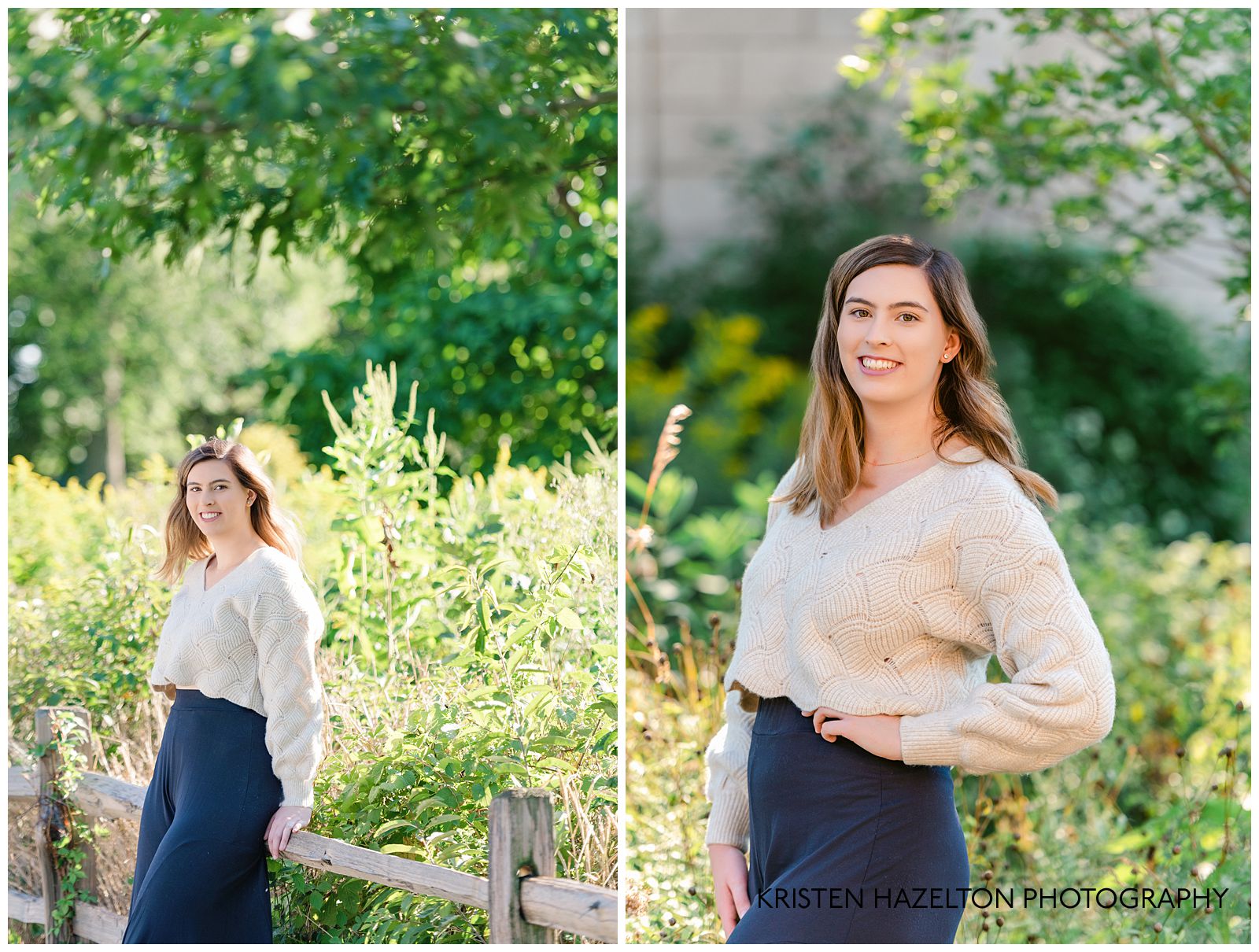 Woman in white sweater crop top and black pants leaning against a fence rail