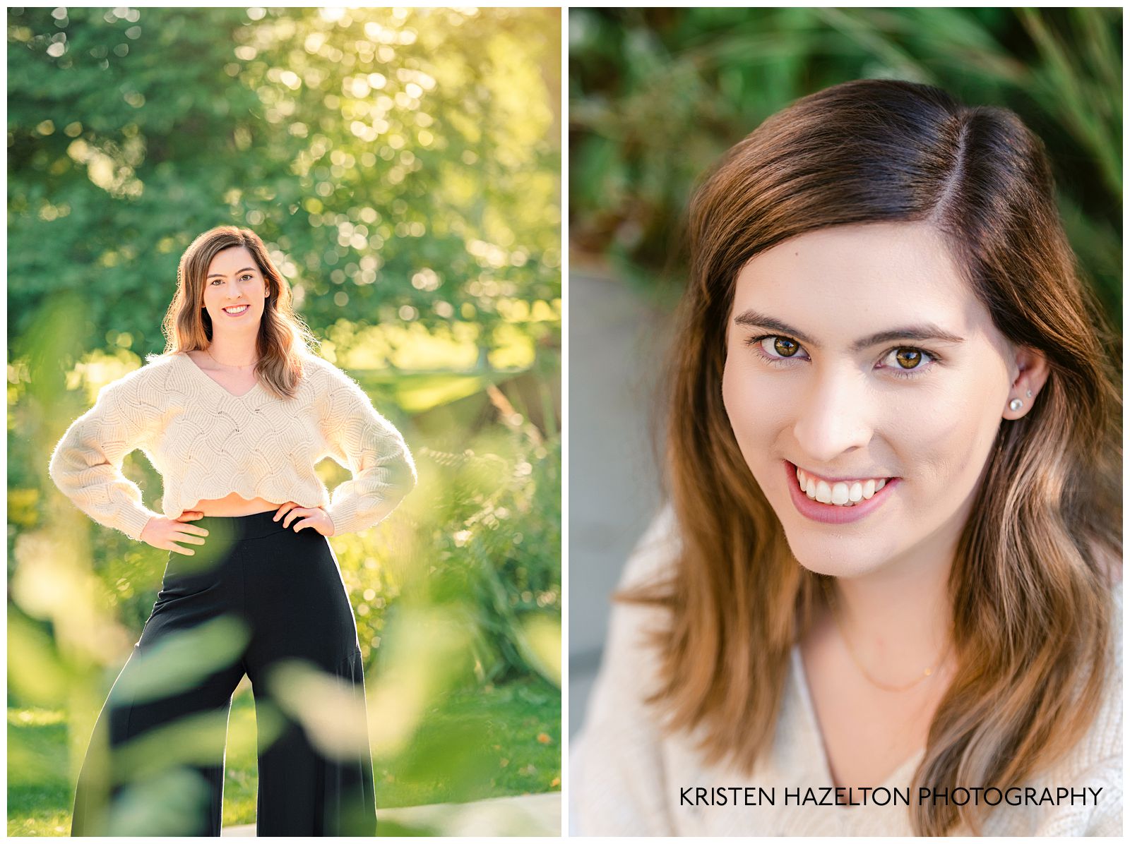UIC graduation portraits: a woman in a white sweater crop top and black harem pants in a sunny park
