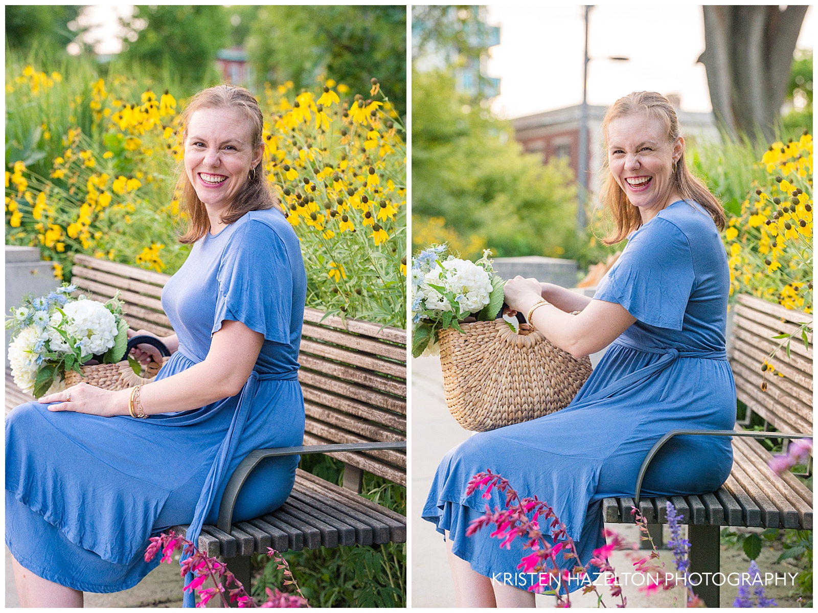Photographer Kristen Hazelton in a blue dress seated on a park bench in Oak Park, IL