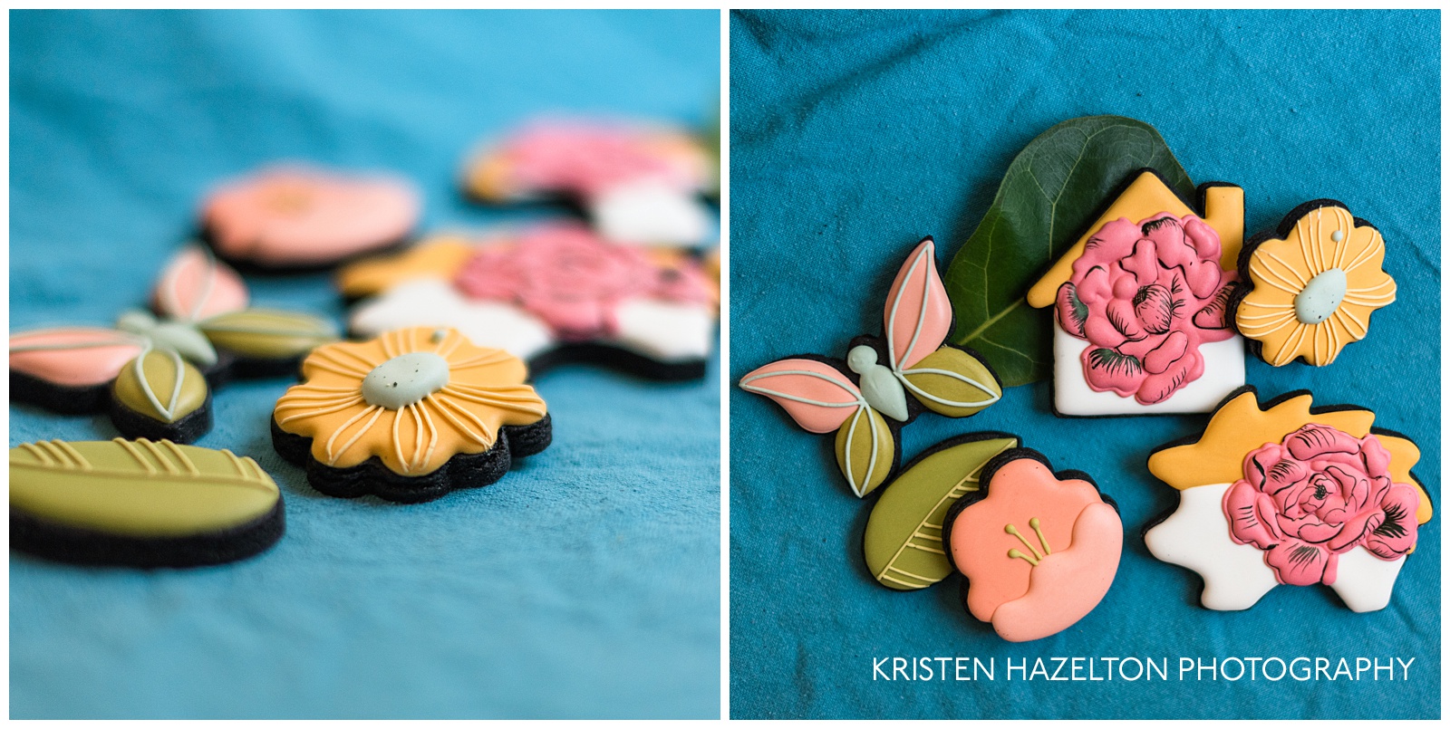 macro photos of chocolate cookies decorated with flowers