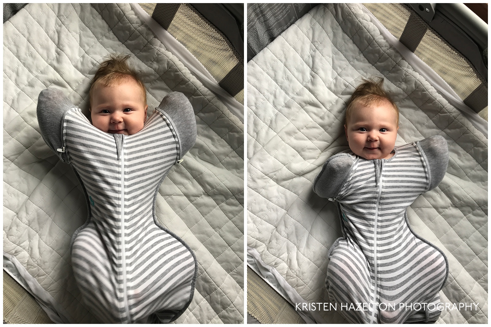 Happy, rested baby in a zip-up swaddle