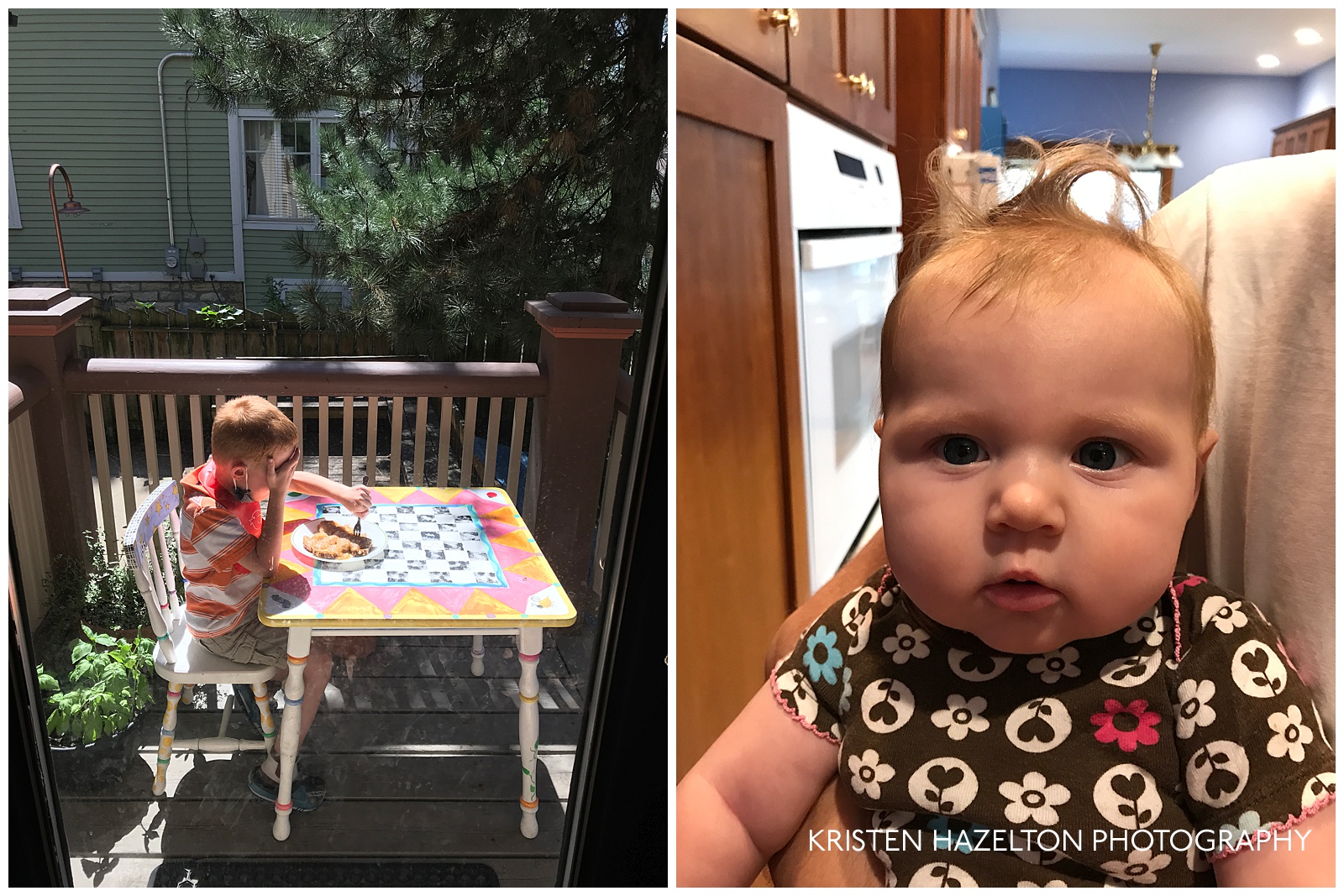 A toddler enjoying impromptu al fresco dining, and a baby with big hair curls