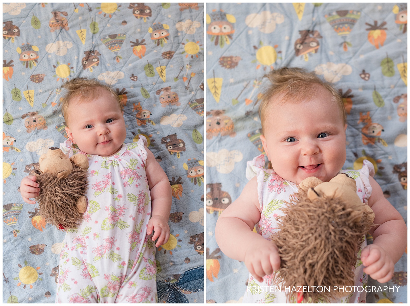 Happy four month old baby girl with a hedgehog stuffed animal