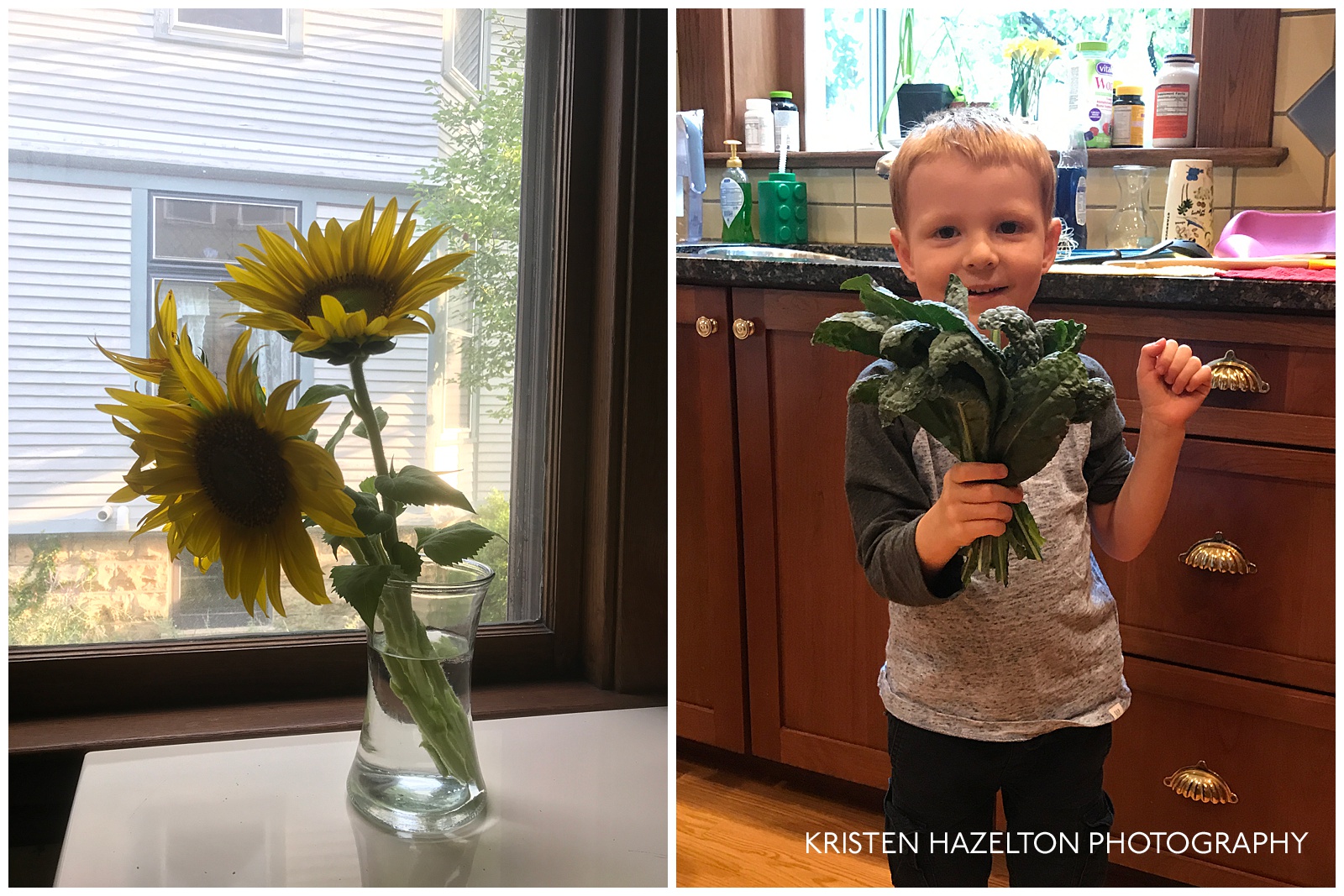 Bouquet of sunflowers and a small boy holding a bouquet of kale