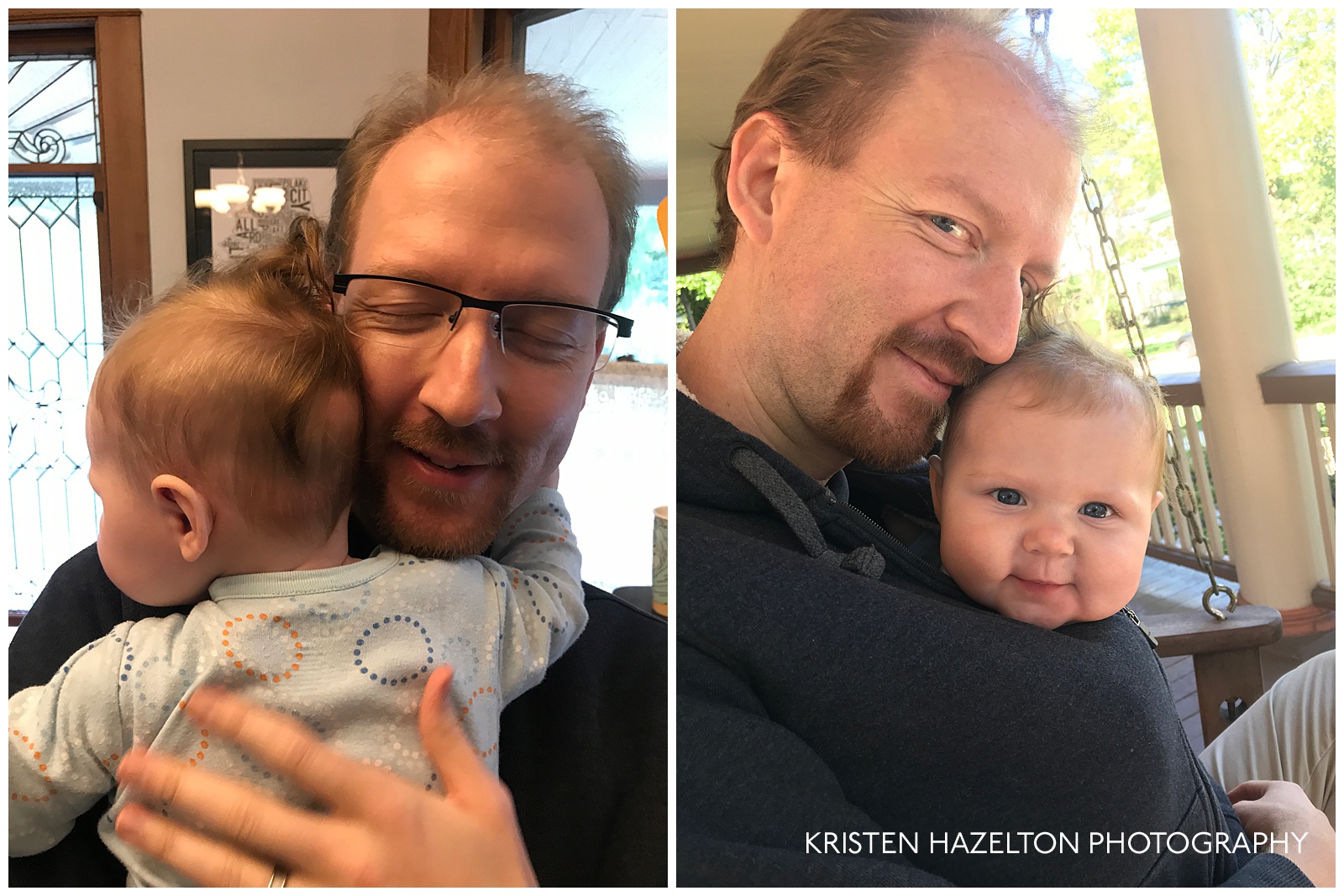 5-month old baby hugging Dad, and wrapped up in his sweatshirt