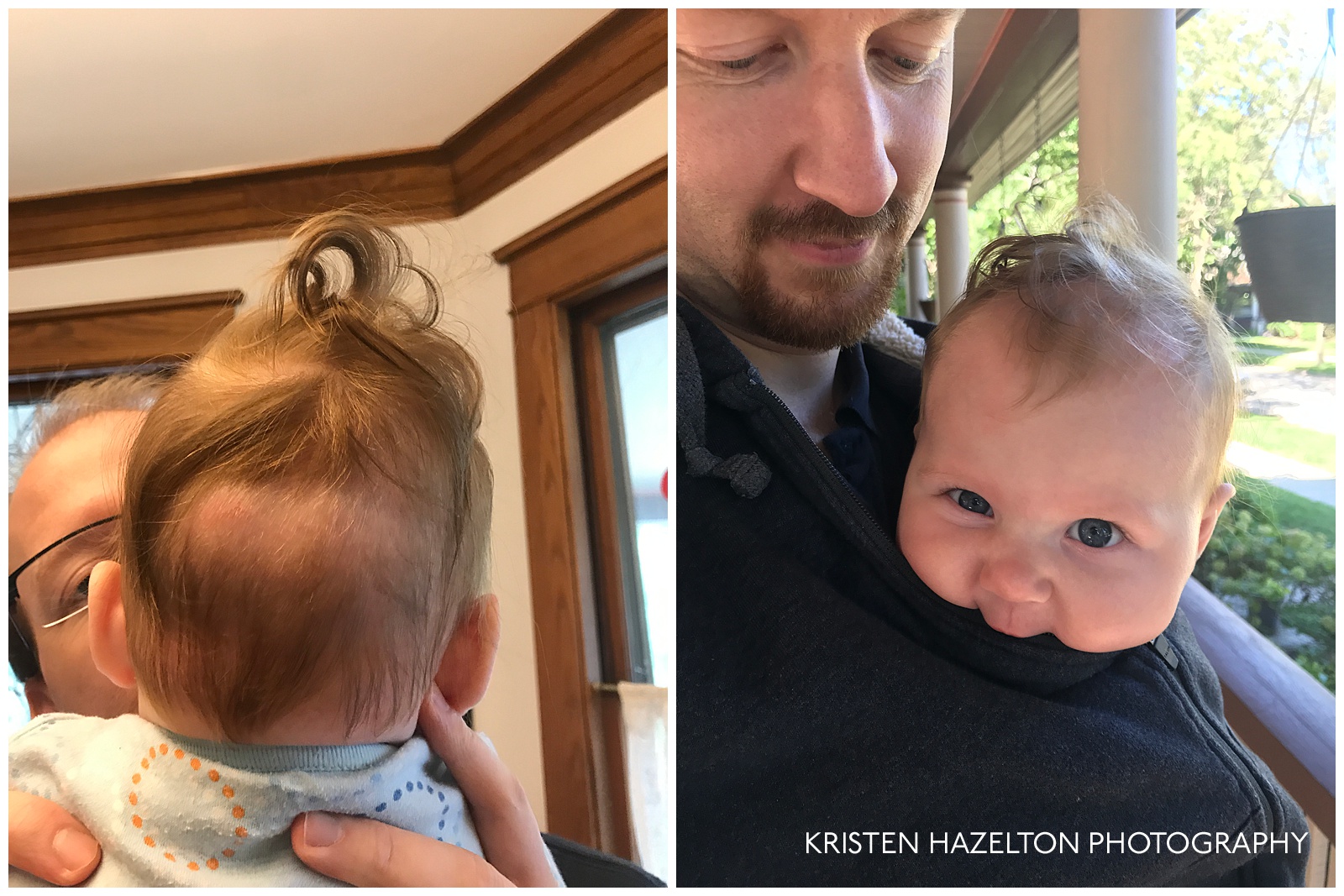 Dramatic baby hair curls, and baby wrapped up in Dad's sweatshirt