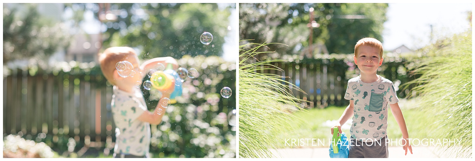 Small boy blowing bubbles with a bubble leaf blower. Lots of bubble bokeh.