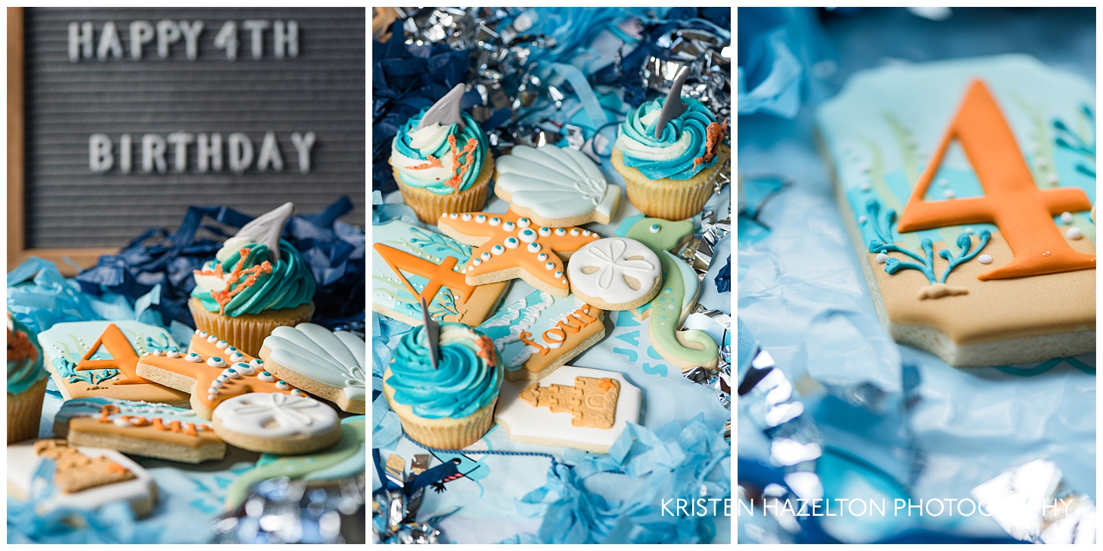Ocean themed decorated cookies and cupcakes