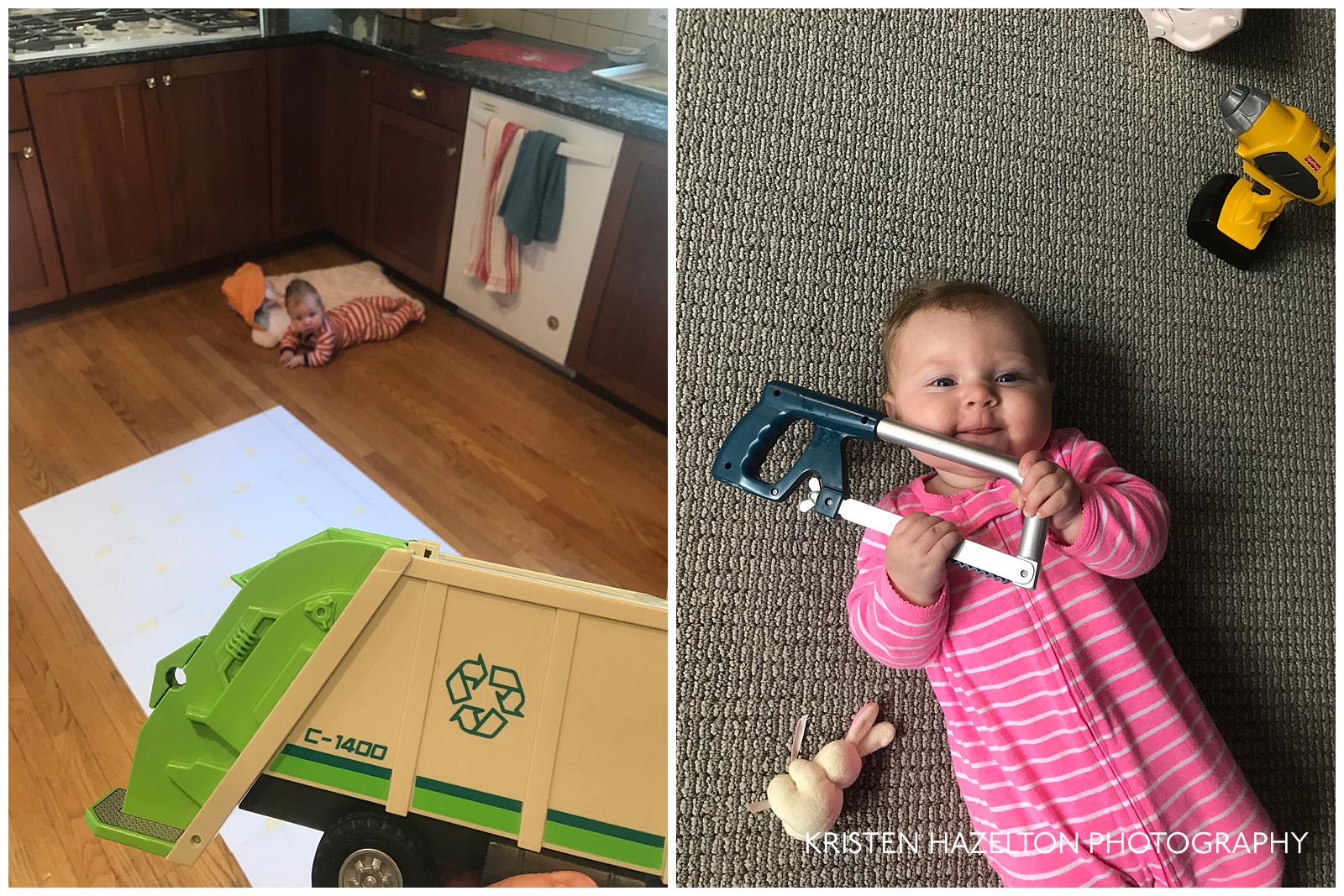 Baby supervising a 5x scale garbage truck drawing, and playing with a toy saw