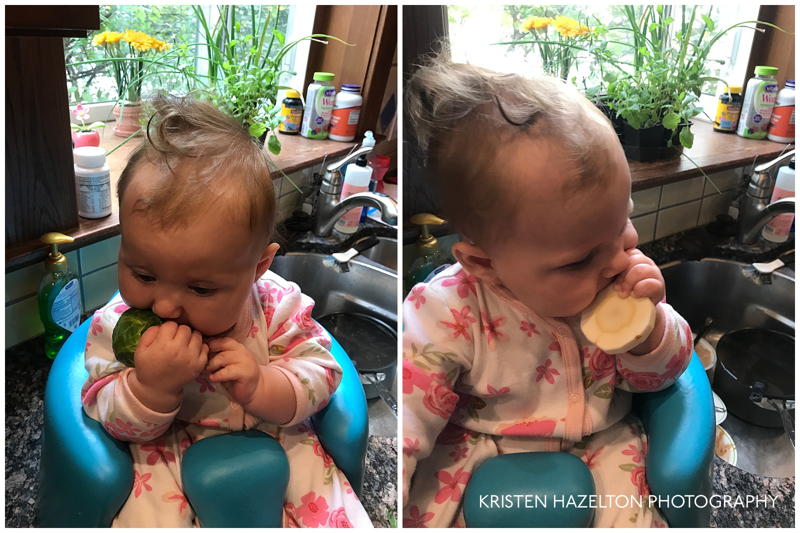 Baby chewing on a Brussels sprout and on a parsnip coin
