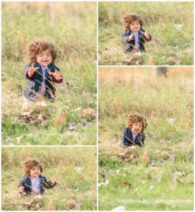 Baby boy delighted by long stalks of grass in a field